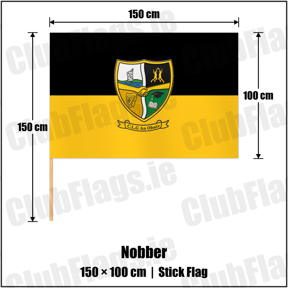 Nobber 100cm x 150cm Stick Flag with the club crest and colours, Meath GAA - ClubFlags.ie