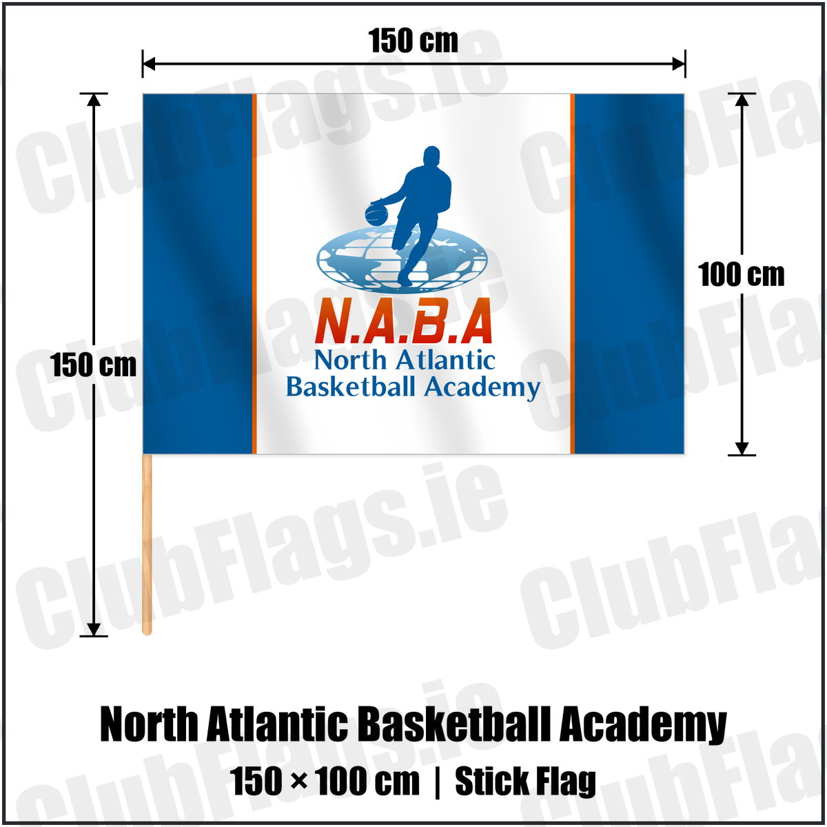 North Atlantic Basketball Academy 100cm x 150cm Stick Flag with the club crest and colours, Dublin Basketball - ClubFlags.ie