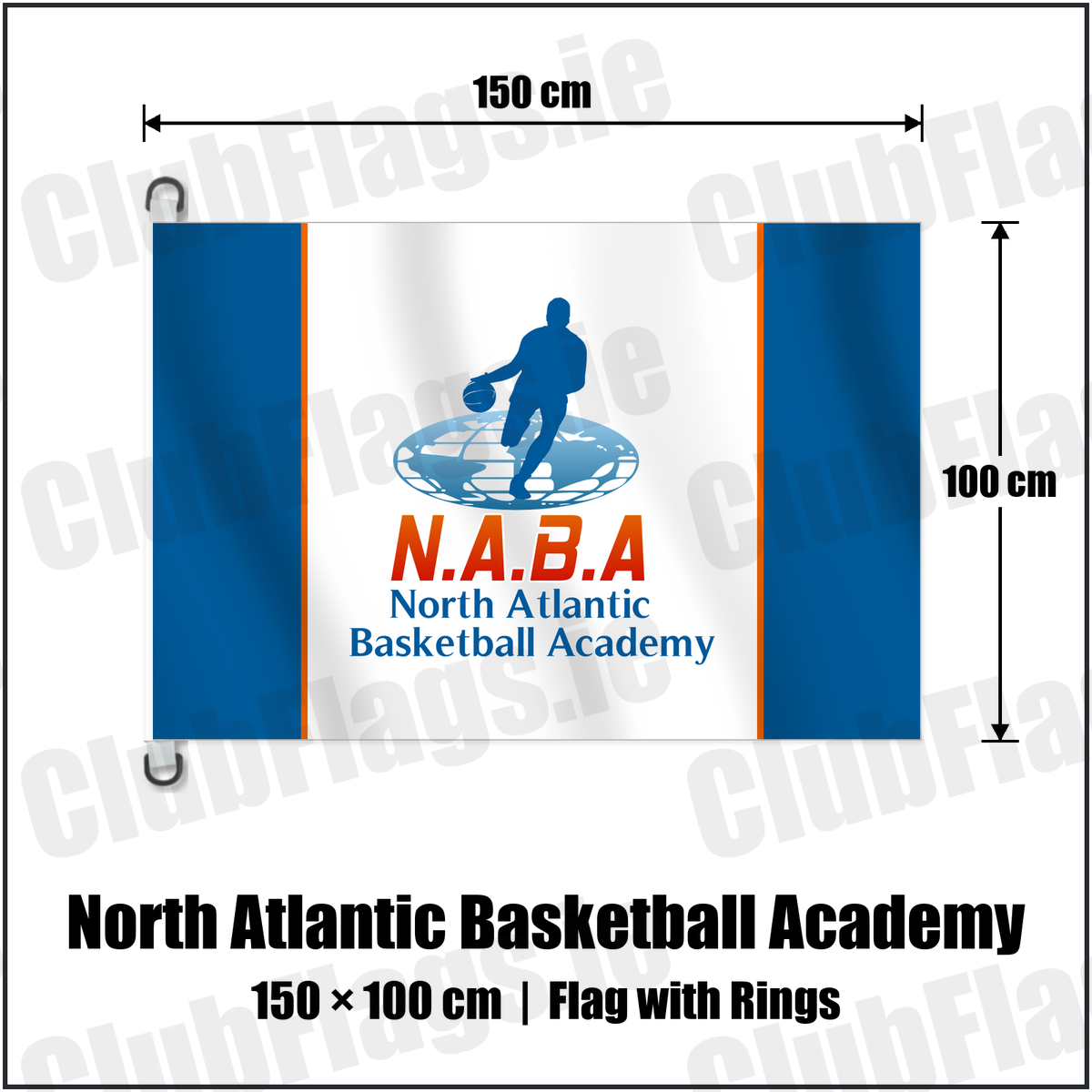 North Atlantic Basketball Academy 150cm x 100cm Flag Pole Flag with Rings with the club crest and colours, Dublin Basketball - ClubFlags.ie