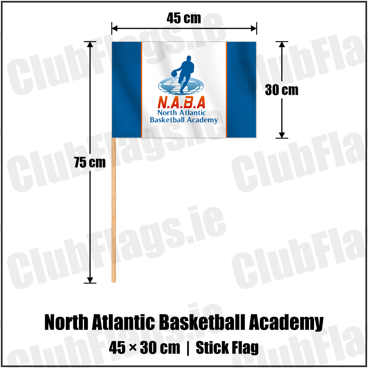 North Atlantic Basketball Academy 30cm x 45cm Stick Flag with the club crest and colours, Dublin Basketball - ClubFlags.ie