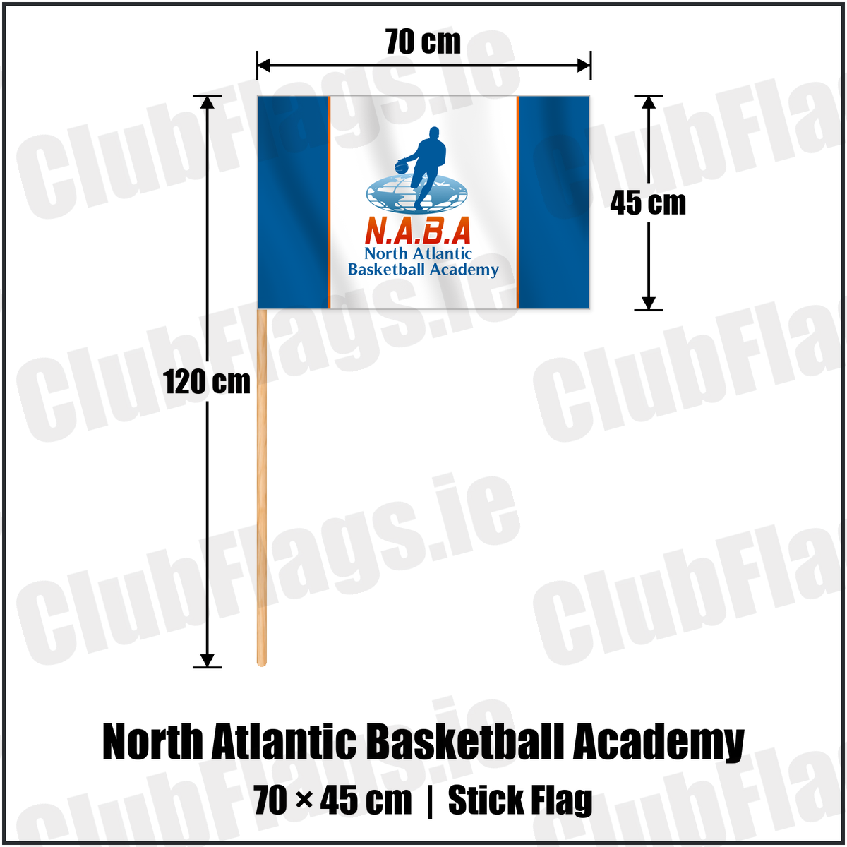 North Atlantic Basketball Academy 45cm x 70cm Stick Flag with the club crest and colours, Dublin Basketball - ClubFlags.ie