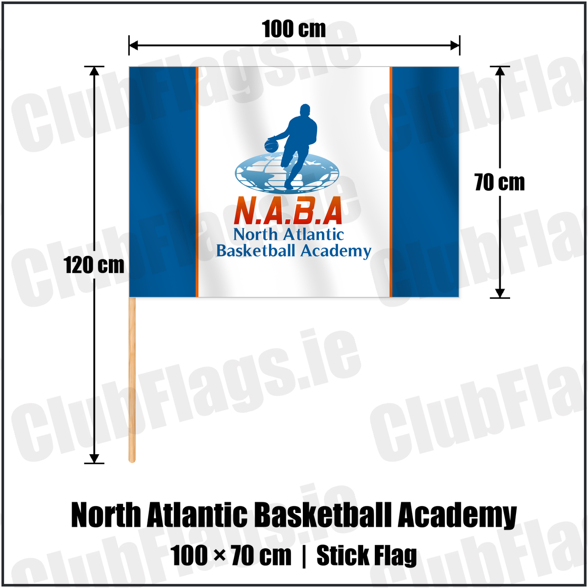 North Atlantic Basketball Academy 70cm x 100cm Stick Flag with the club crest and colours, Dublin Basketball - ClubFlags.ie