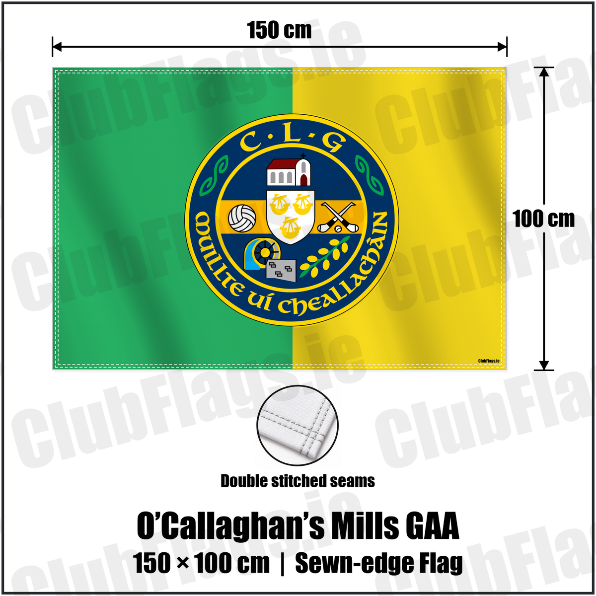O’Callaghan’s Mills GAA 100cm x 150cm Flag (sewn on the edges) with the verified club crest and colours, Clare GAA - ClubFlags.ie