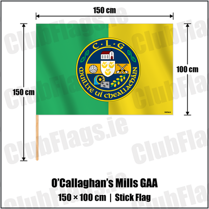 O’Callaghan’s Mills GAA 100cm x 150cm Stick Flag with the verified club crest and colours, Clare GAA - ClubFlags.ie