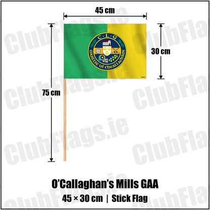 O’Callaghan’s Mills GAA 30cm x 45cm Stick Flag with the verified club crest and colours, Clare GAA - ClubFlags.ie