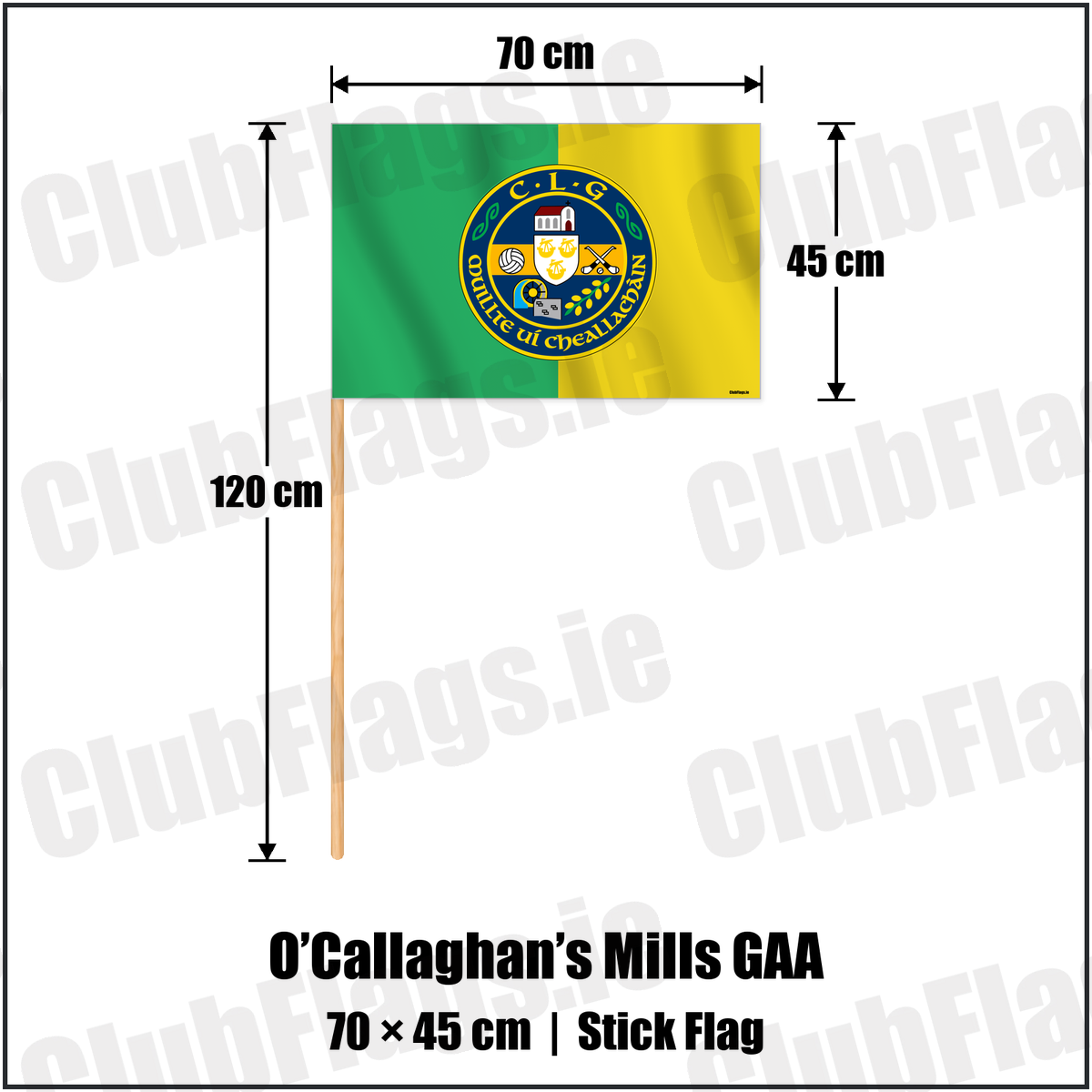 O’Callaghan’s Mills GAA 45cm x 70cm Stick Flag with the verified club crest and colours, Clare GAA - ClubFlags.ie