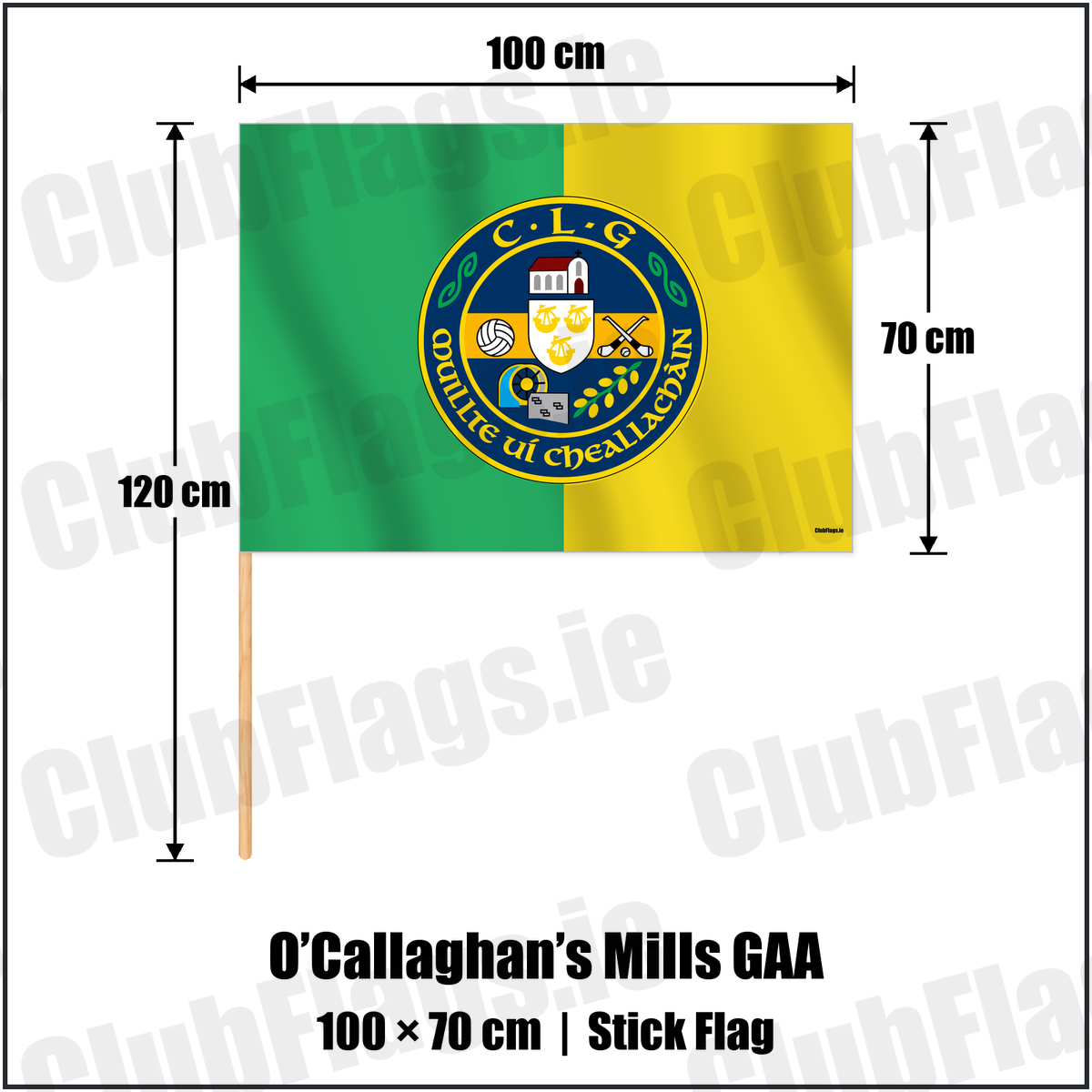 O’Callaghan’s Mills GAA 70cm x 100cm Stick Flag with the verified club crest and colours, Clare GAA - ClubFlags.ie