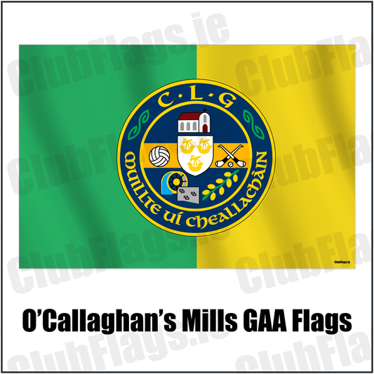 O’Callaghan’s Mills GAA Flags with the verified club crest and colours, Clare GAA - ClubFlags.ie