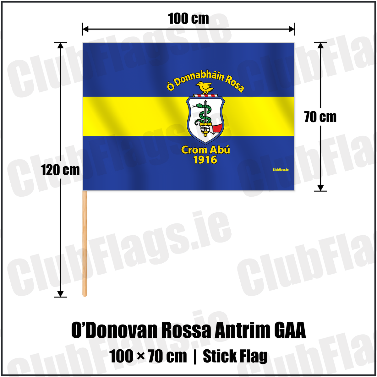 O’Donovan Rossa Antrim GAA 70cm x 100cm Stick Flag with the verified club crest and colours, Antrim GAA - ClubFlags.ie