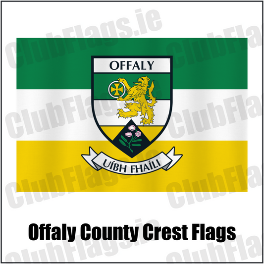 Offaly county crest flag in green, white and yellow, with county name and crest.