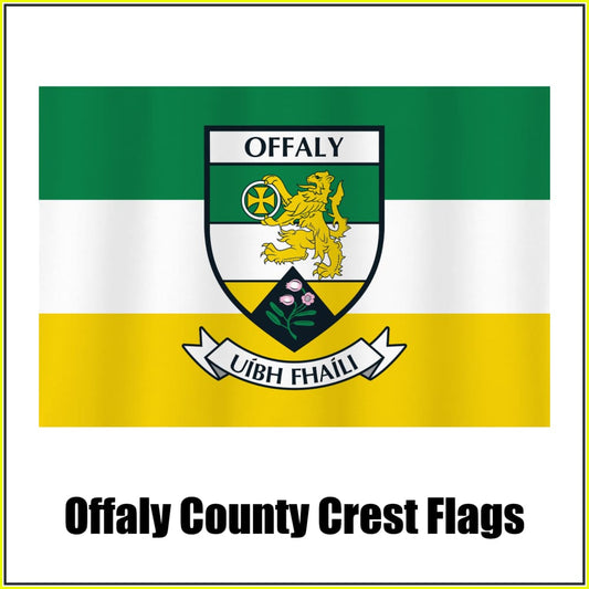 Offaly county crest flag in green, white and yellow, with county name and crest.
