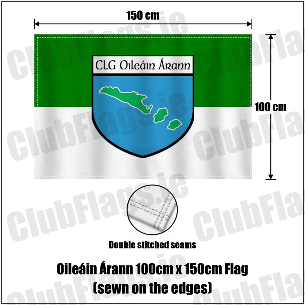 Oileáin Árann 100cm x 150cm Flag (sewn on the edges) in green and white, featuring the club crest on realistic fabric with gentle vertical folds; County Galway GAA. ClubFlags.ie.