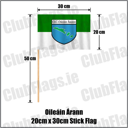 Oileáin Árann 20cm x 30cm Stick Flag in green and white, featuring the club crest on realistic fabric with gentle vertical folds; County Galway GAA. ClubFlags.ie.