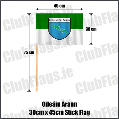 Oileáin Árann 30cm x 45cm Stick Flag in green and white, featuring the club crest on realistic fabric with gentle vertical folds; County Galway GAA. ClubFlags.ie.