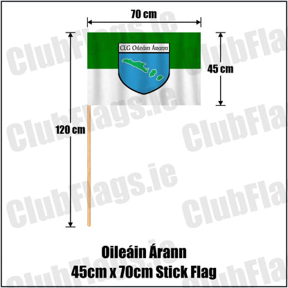Oileáin Árann 45cm x 70cm Stick Flag in green and white, featuring the club crest on realistic fabric with gentle vertical folds; County Galway GAA. ClubFlags.ie.