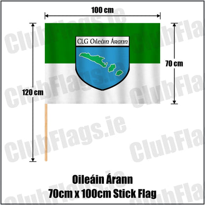 Oileáin Árann 70cm x 100cm Stick Flag in green and white, featuring the club crest on realistic fabric with gentle vertical folds; County Galway GAA. ClubFlags.ie.