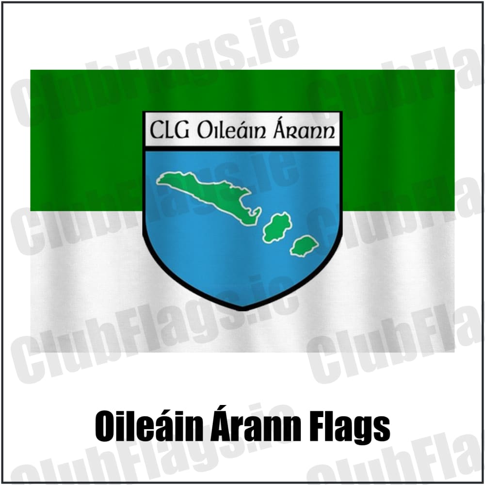 Oileáin Árann Flags in green and white, featuring the club crest on realistic fabric with gentle vertical folds; County Galway GAA. ClubFlags.ie.