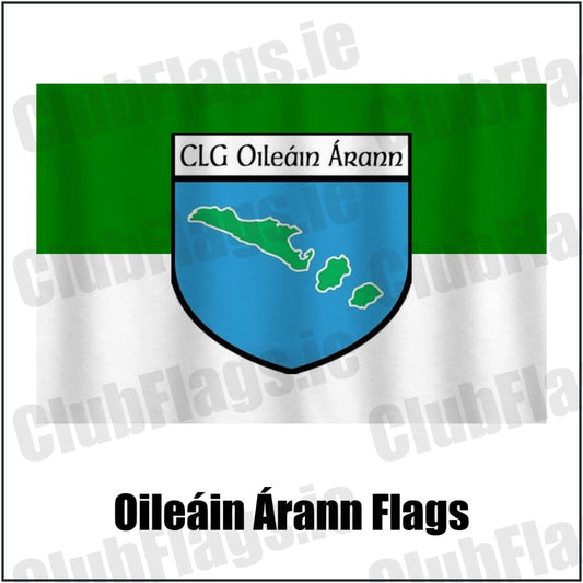 Oileáin Árann Flags in green and white, featuring the club crest on realistic fabric with gentle vertical folds; County Galway GAA. ClubFlags.ie.