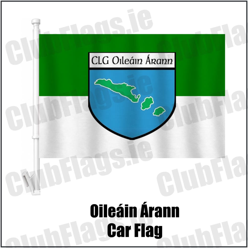 Oileáin Árann Car Flag in green and white, featuring the club crest on realistic fabric with gentle vertical folds; County Galway GAA. ClubFlags.ie.