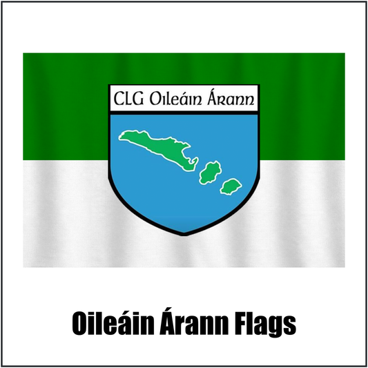 Oileáin Árann Flags, featuring the club crest and green and white colours; County Galway GAA. ClubFlags.ie.