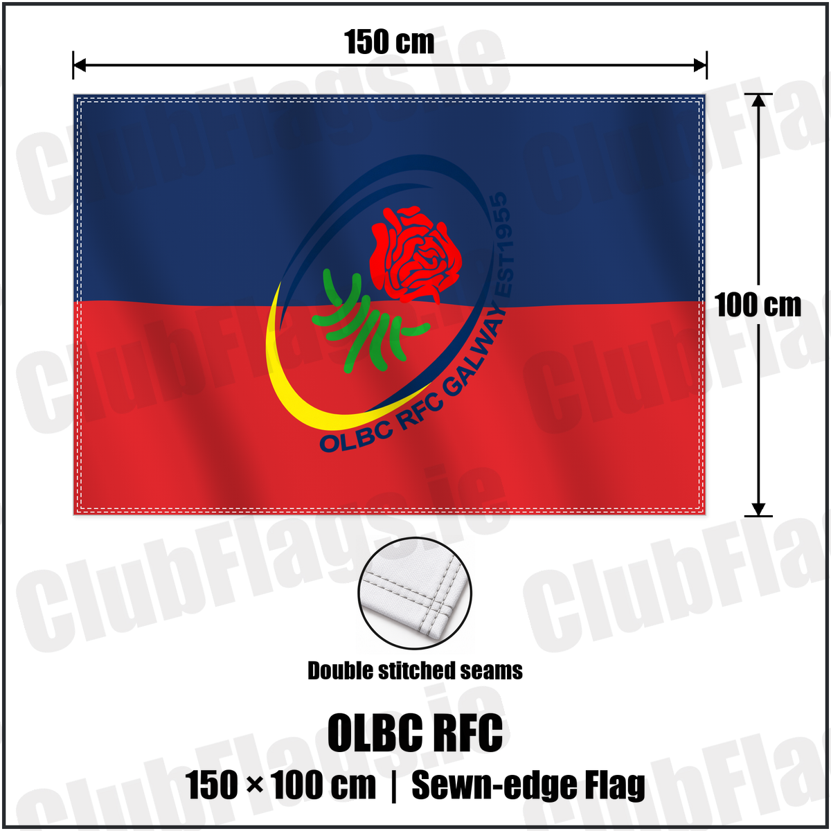 OLBC RFC 100cm x 150cm Flag (sewn on the edges) with the verified club crest and colours, Galway Rugby - ClubFlags.ie