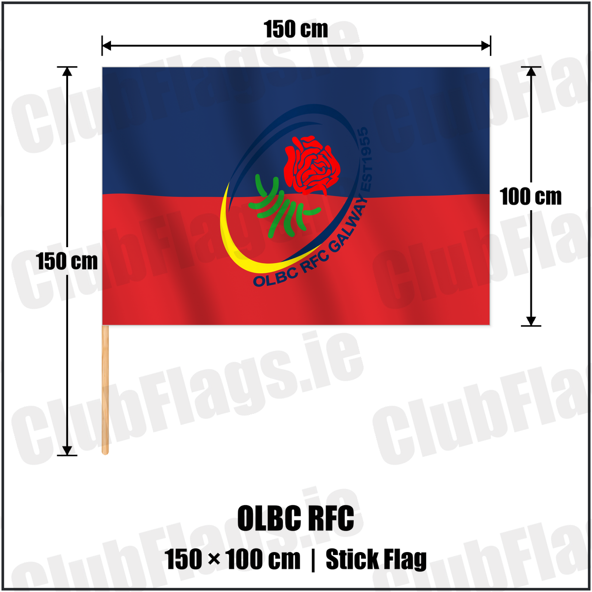 OLBC RFC 100cm x 150cm Stick Flag with the verified club crest and colours, Galway Rugby - ClubFlags.ie