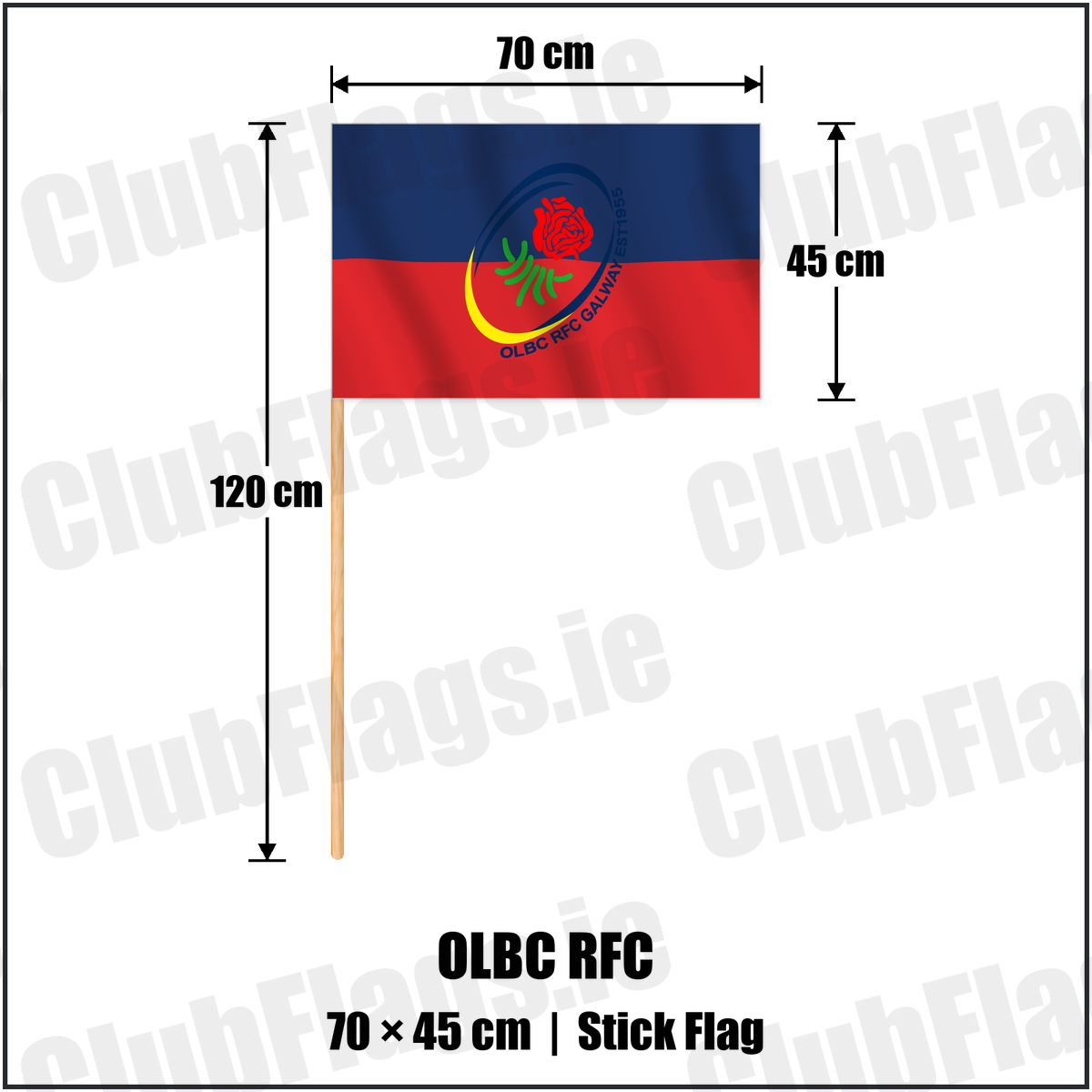 OLBC RFC 45cm x 70cm Stick Flag with the verified club crest and colours, Galway Rugby - ClubFlags.ie