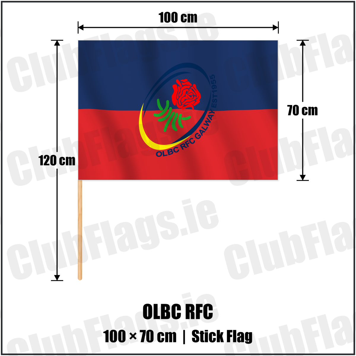 OLBC RFC 70cm x 100cm Stick Flag with the verified club crest and colours, Galway Rugby - ClubFlags.ie