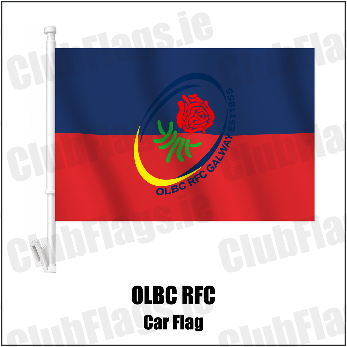 OLBC RFC Car Flag with the verified club crest and colours, Galway Rugby - ClubFlags.ie