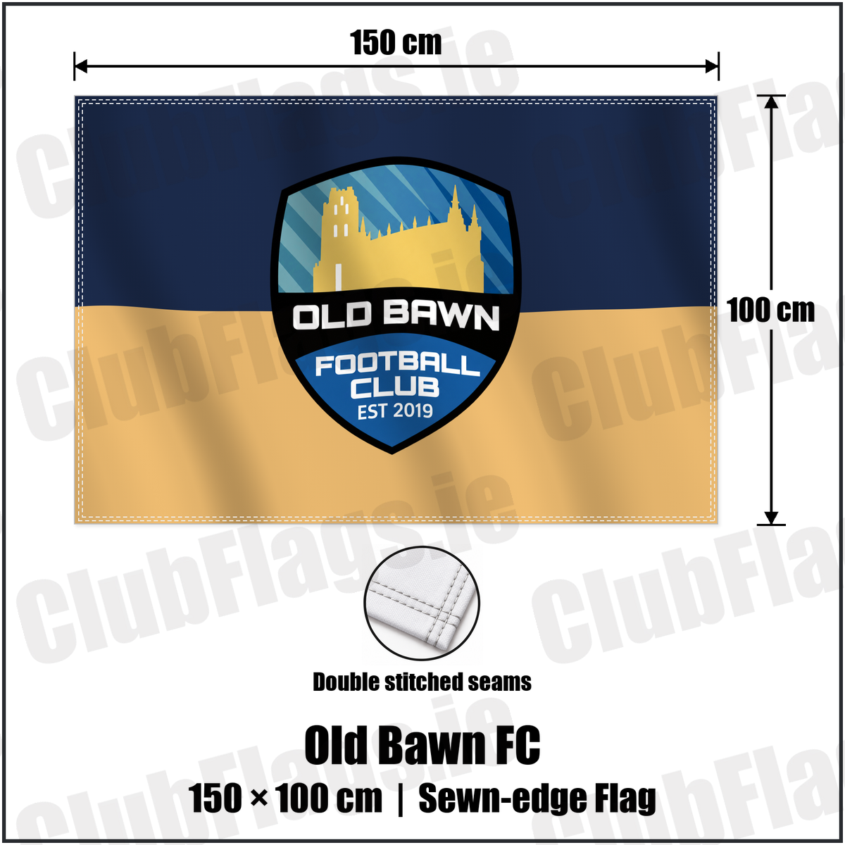Old Bawn FC 100cm x 150cm Flag (sewn on the edges) with the verified club crest and colours, Dublin Football - ClubFlags.ie