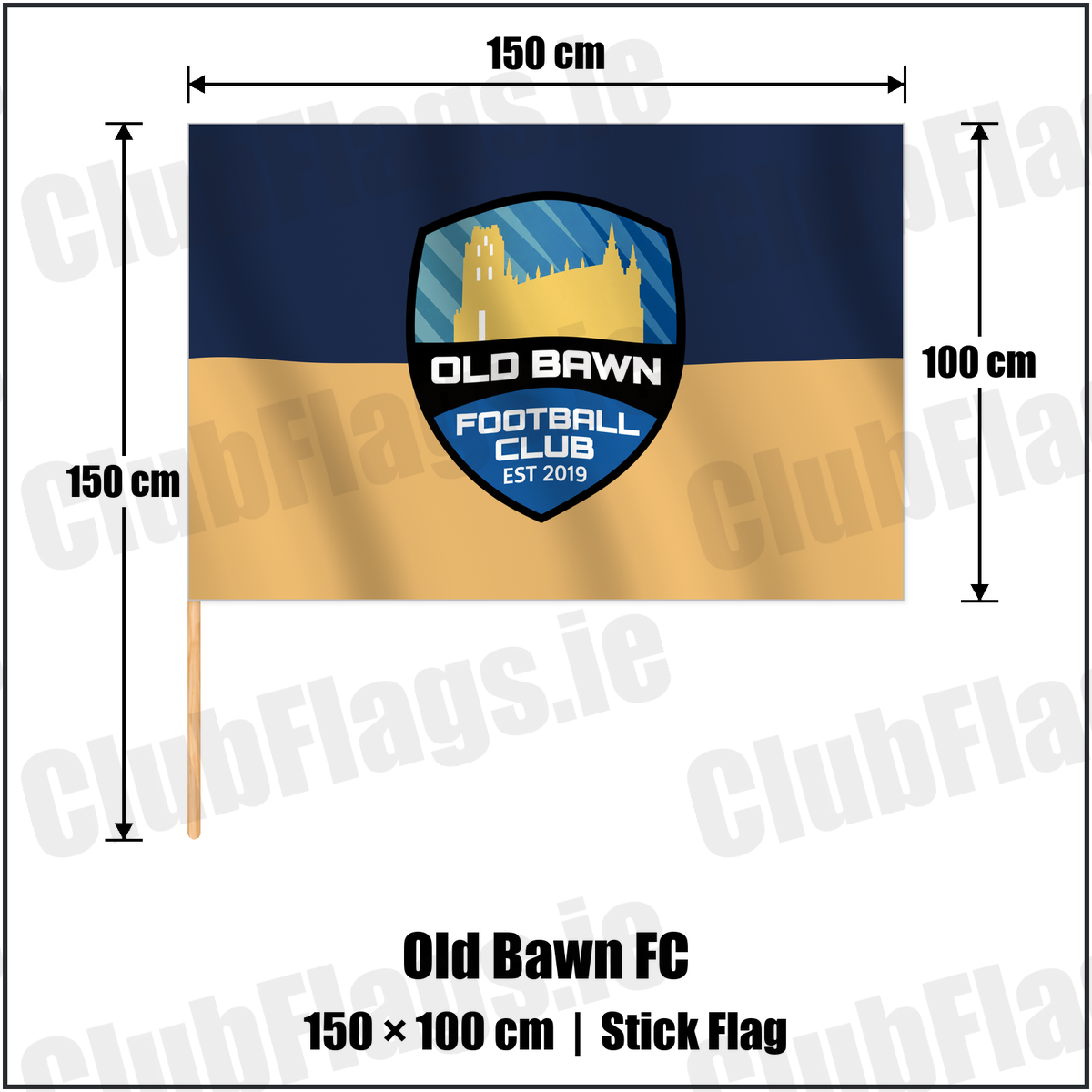 Old Bawn FC 100cm x 150cm Stick Flag with the verified club crest and colours, Dublin Football - ClubFlags.ie
