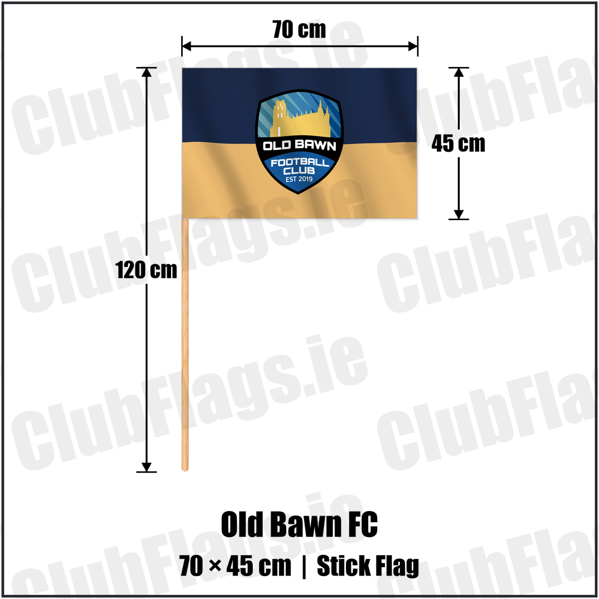 Old Bawn FC 45cm x 70cm Stick Flag with the verified club crest and colours, Dublin Football - ClubFlags.ie