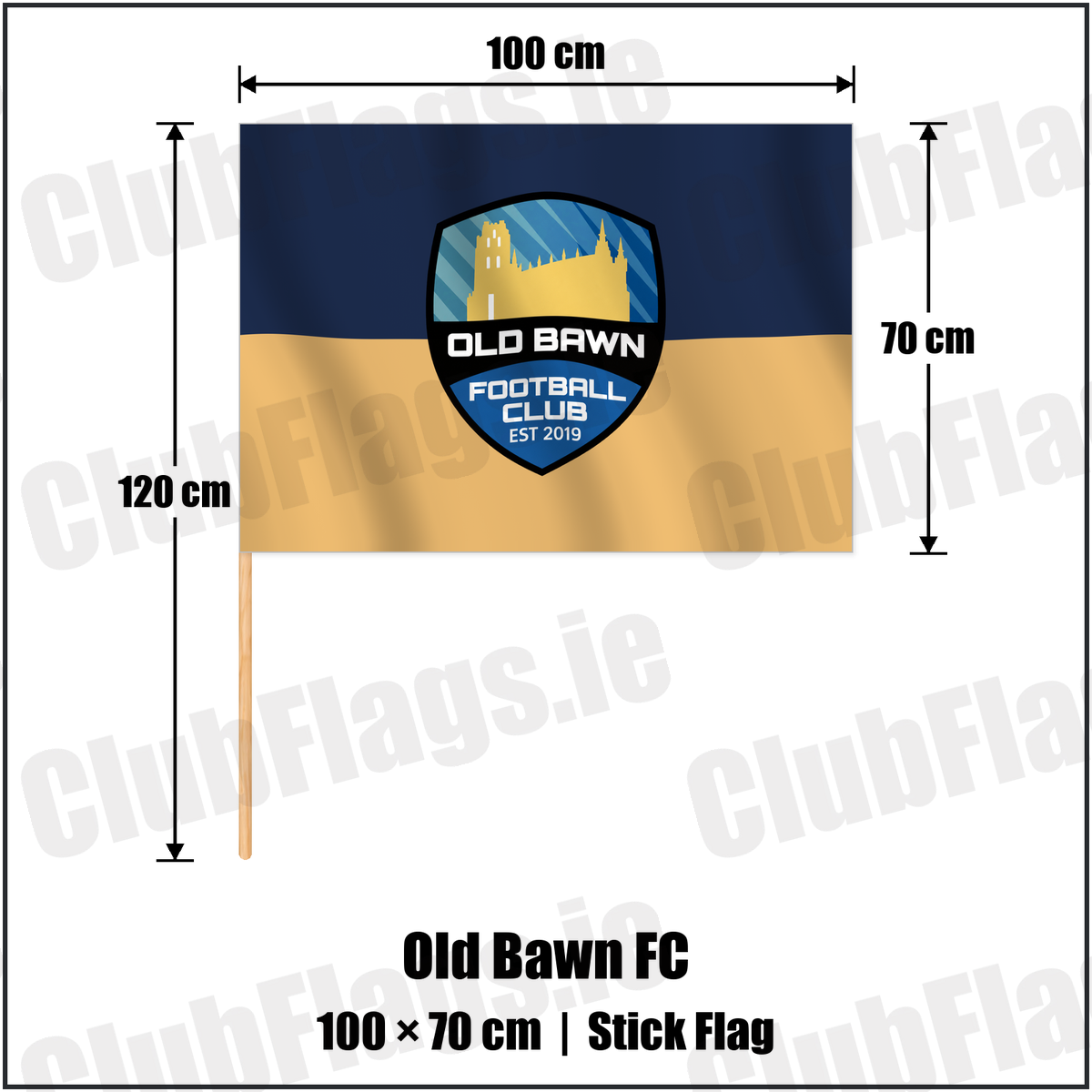 Old Bawn FC 70cm x 100cm Stick Flag with the verified club crest and colours, Dublin Football - ClubFlags.ie