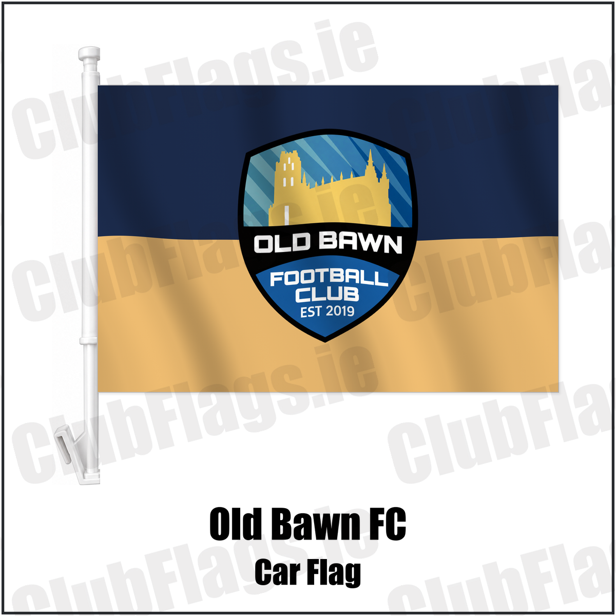 Old Bawn FC Car Flag with the verified club crest and colours, Dublin Football - ClubFlags.ie