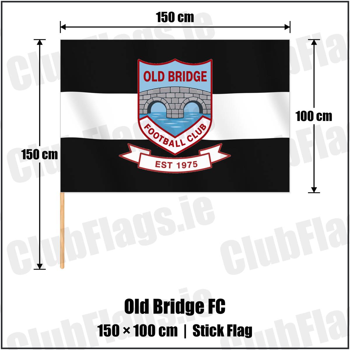 Old Bridge FC 100cm x 150cm Stick Flag with the club crest and colours, Tipperary Football - ClubFlags.ie