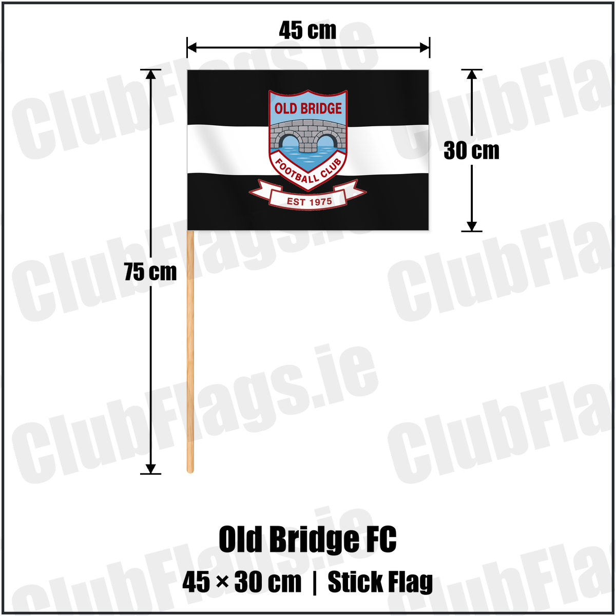Old Bridge FC 30cm x 45cm Stick Flag with the club crest and colours, Tipperary Football - ClubFlags.ie