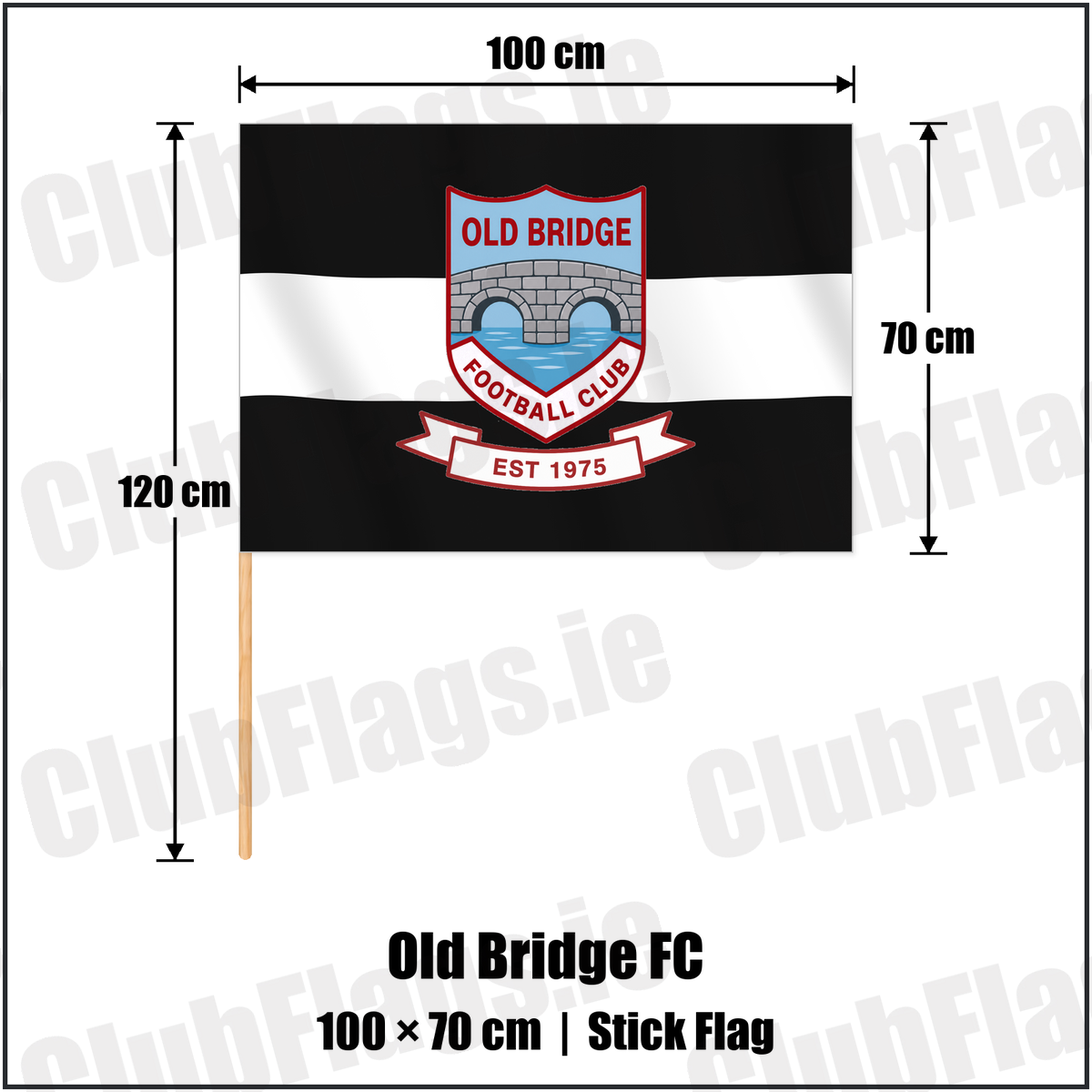 Old Bridge FC 70cm x 100cm Stick Flag with the club crest and colours, Tipperary Football - ClubFlags.ie
