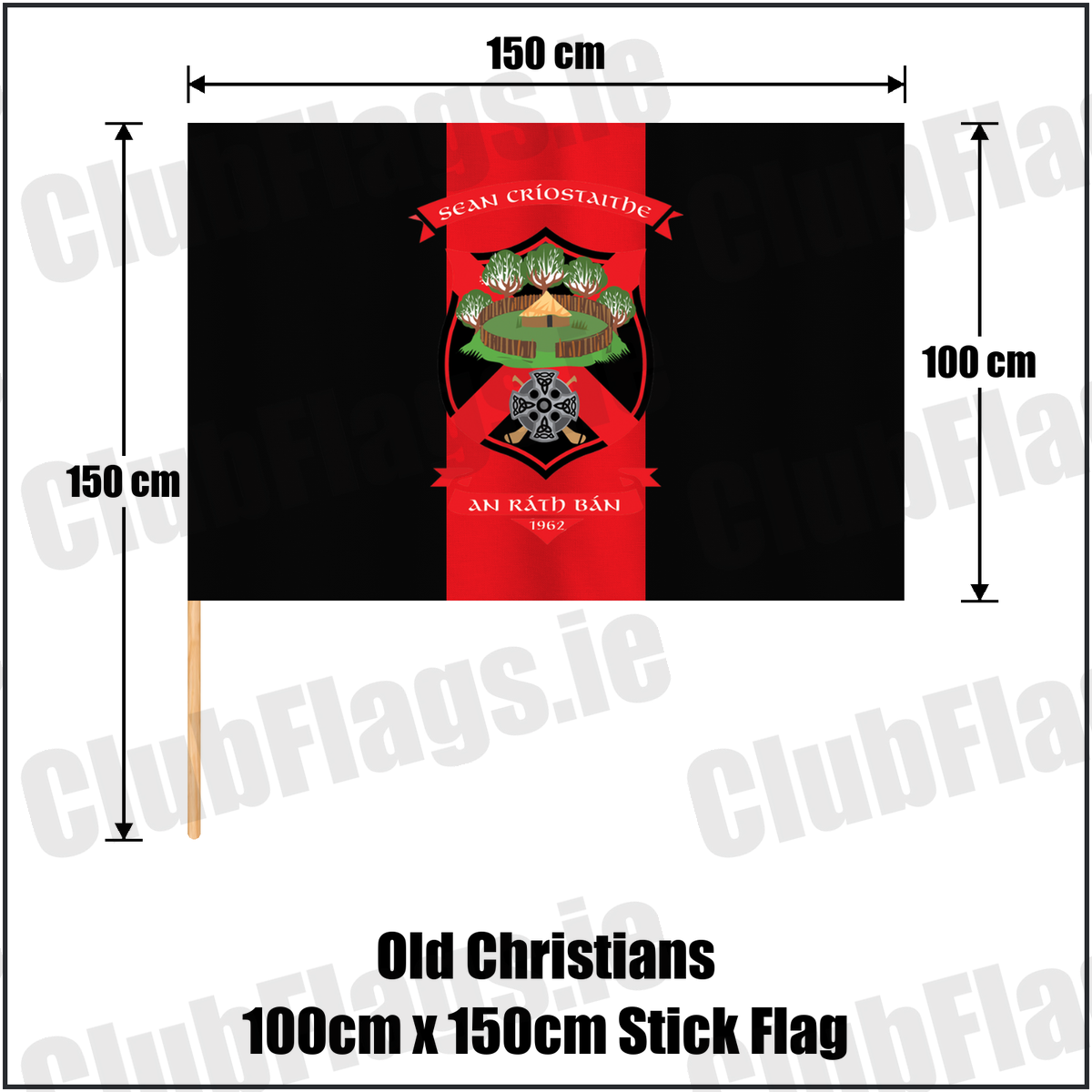 Old Christians 100cm x 150cm Stick Flag, featuring the club crest and black and red colours; County Limerick GAA. ClubFlags.ie.