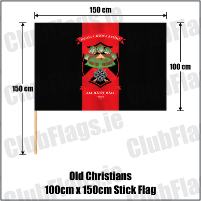 Old Christians 100cm x 150cm Stick Flag, featuring the club crest and black and red colours; County Limerick GAA. ClubFlags.ie.