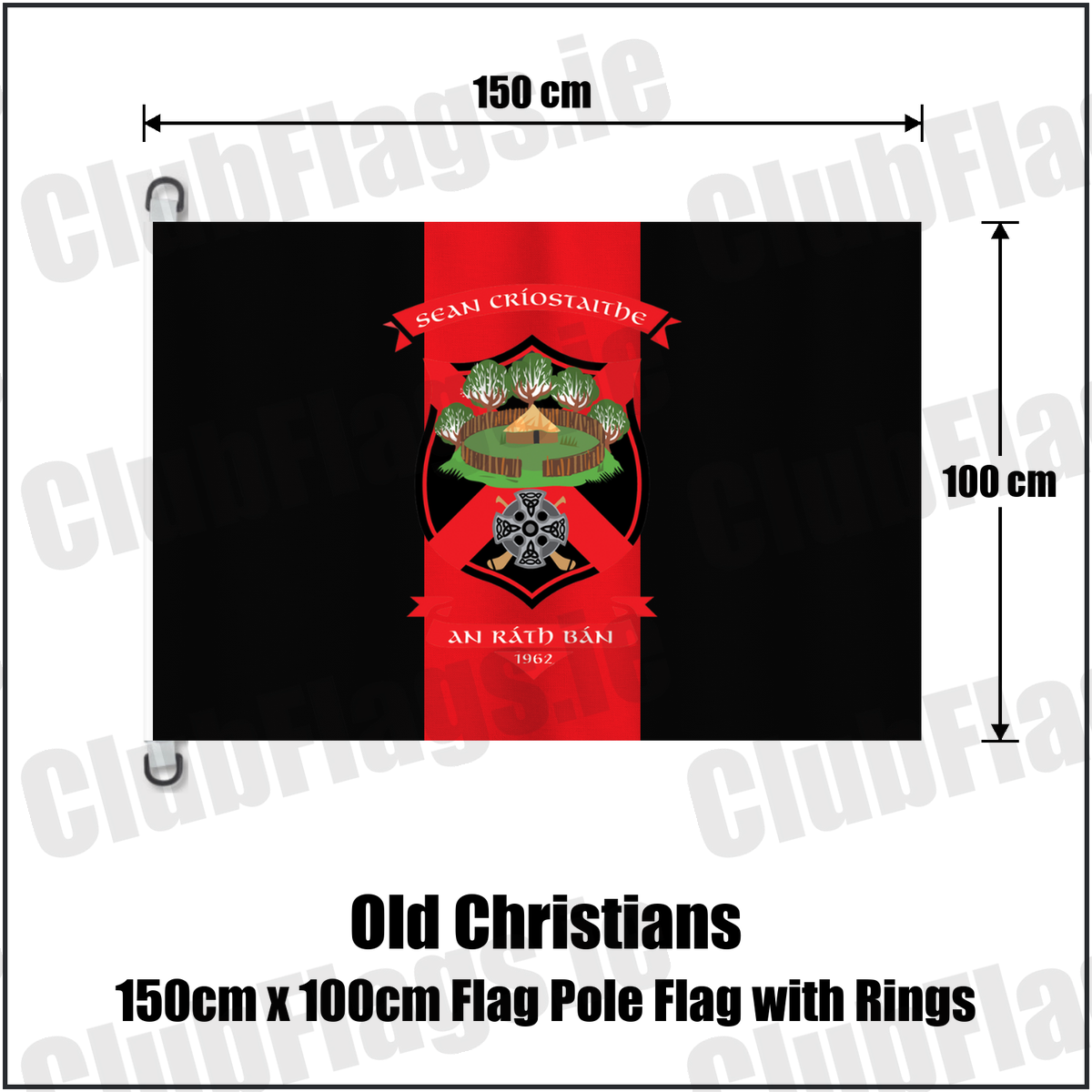 Old Christians 150cm x 100cm Flag Pole Flag with Rings, featuring the club crest and black and red colours; County Limerick GAA. ClubFlags.ie.