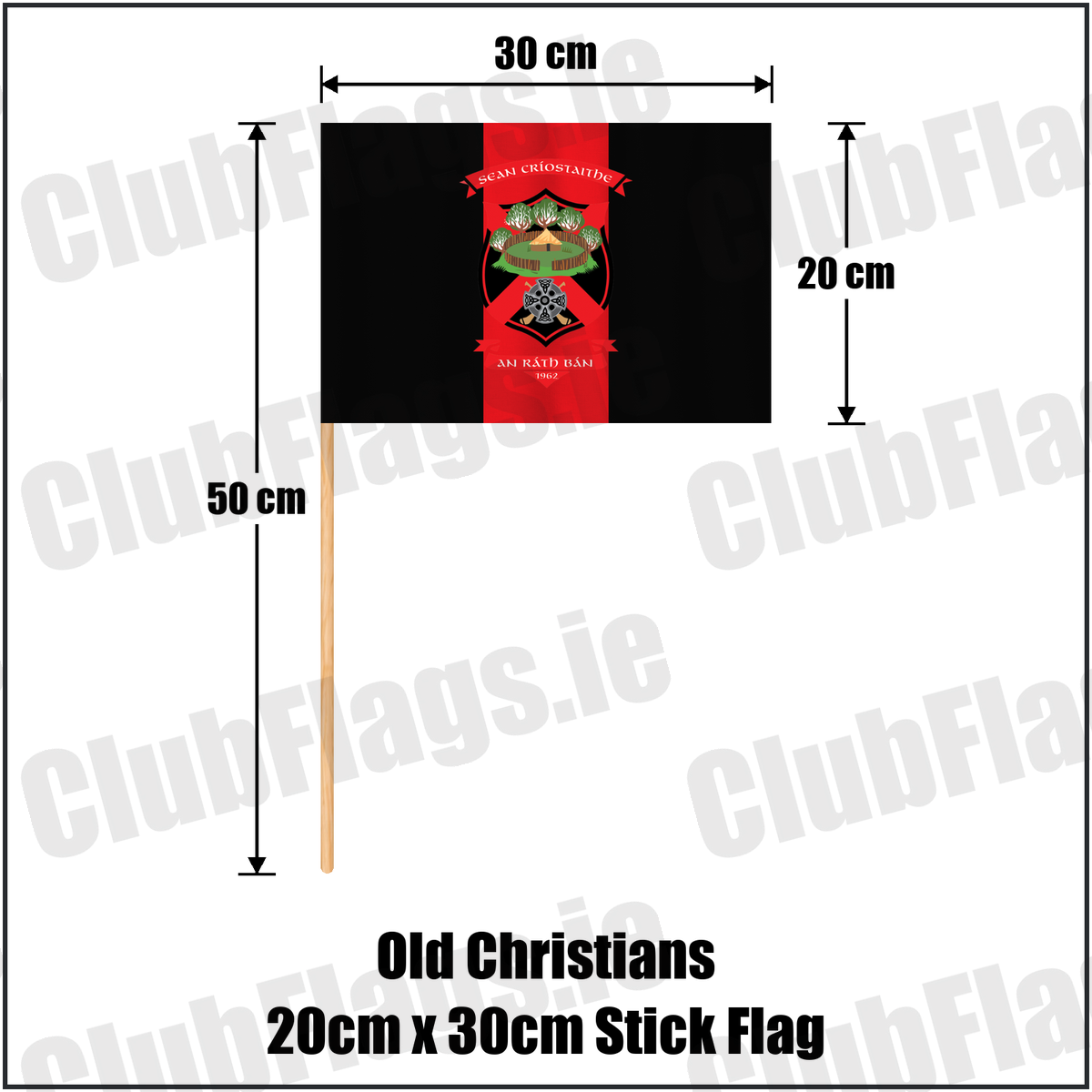 Old Christians 20cm x 30cm Stick Flag, featuring the club crest and black and red colours; County Limerick GAA. ClubFlags.ie.