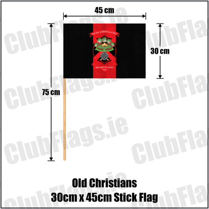 Old Christians 30cm x 45cm Stick Flag, featuring the club crest and black and red colours; County Limerick GAA. ClubFlags.ie.
