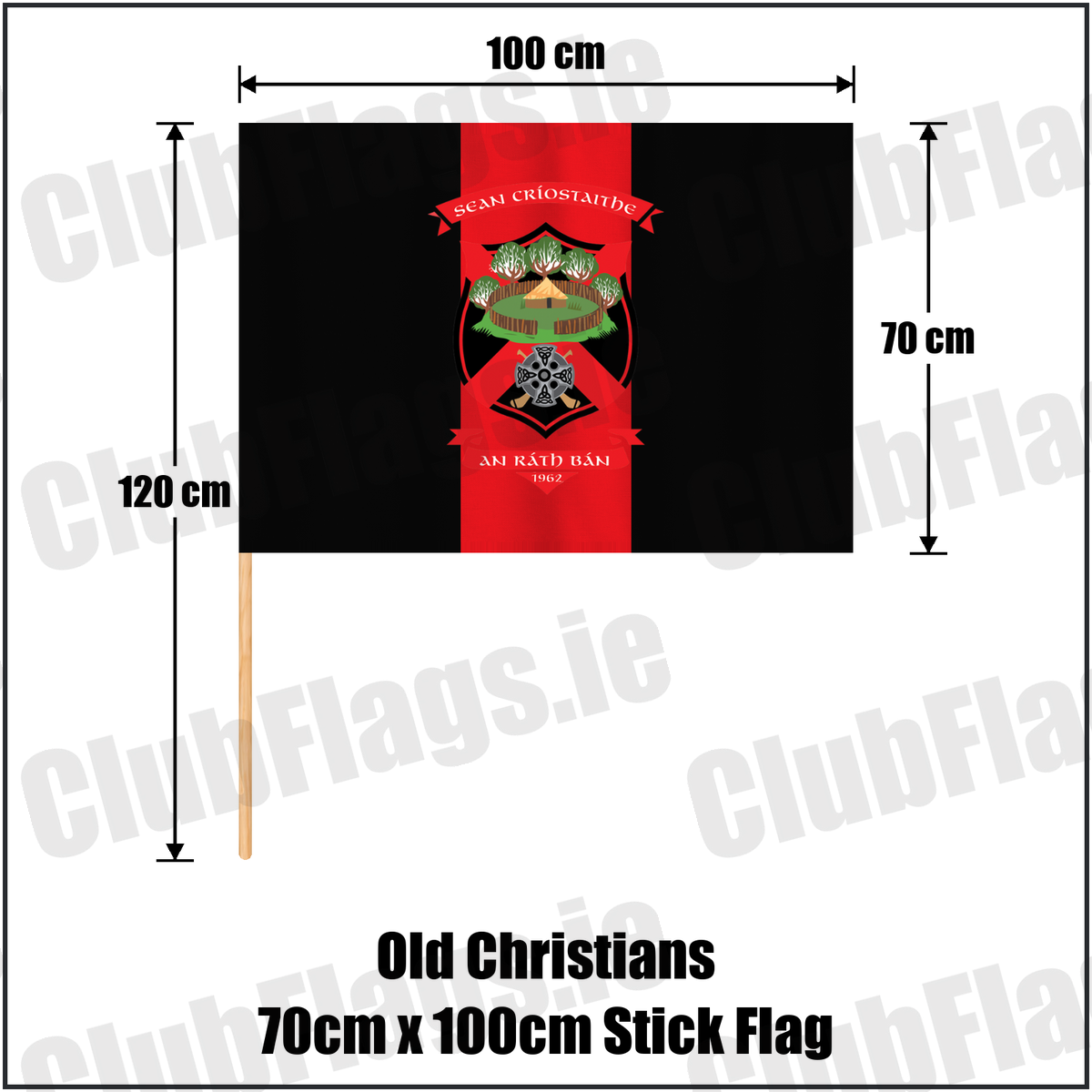 Old Christians 70cm x 100cm Stick Flag, featuring the club crest and black and red colours; County Limerick GAA. ClubFlags.ie.