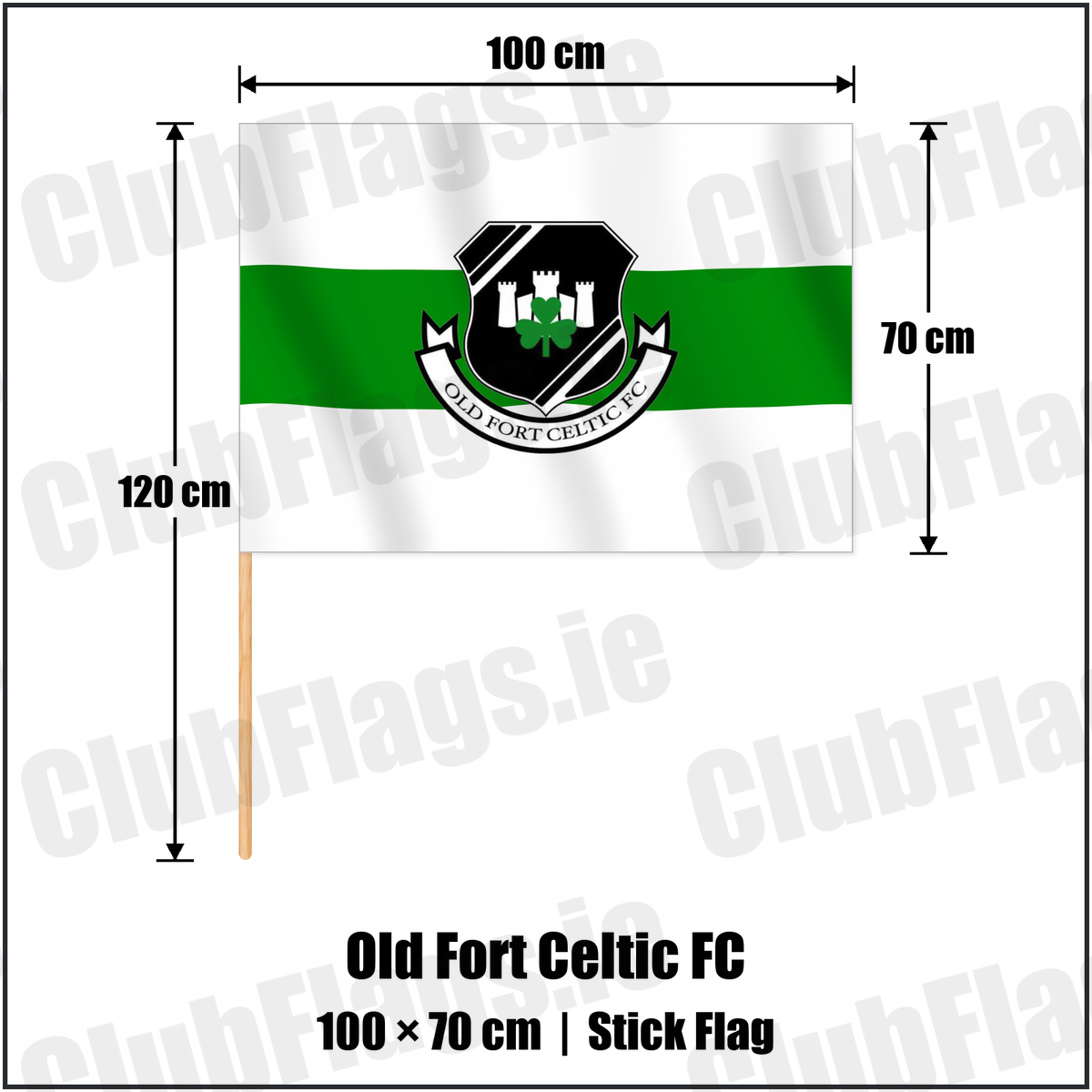 Old Fort Celtic FC 70cm x 100cm Stick Flag with the club crest and colours, Laois Football - ClubFlags.ie