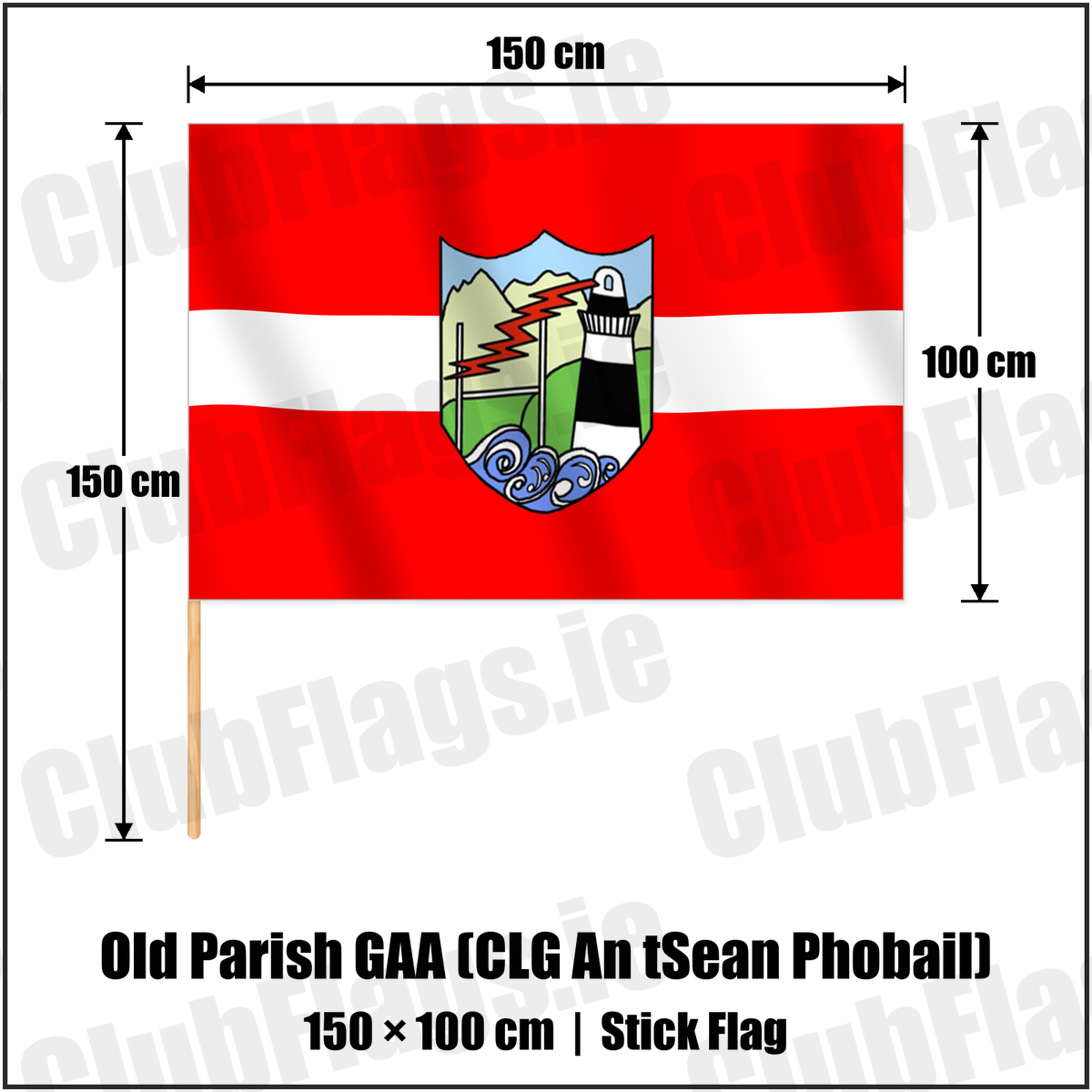 Old Parish GAA (CLG An tSean Phobail) 100cm x 150cm Stick Flag with the verified club crest and colours, Waterford GAA - ClubFlags.ie