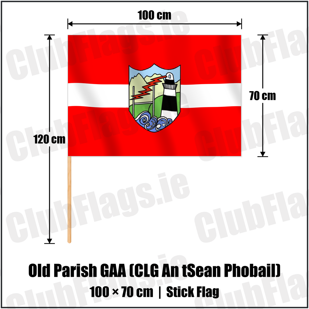 Old Parish GAA (CLG An tSean Phobail) 70cm x 100cm Stick Flag with the verified club crest and colours, Waterford GAA - ClubFlags.ie