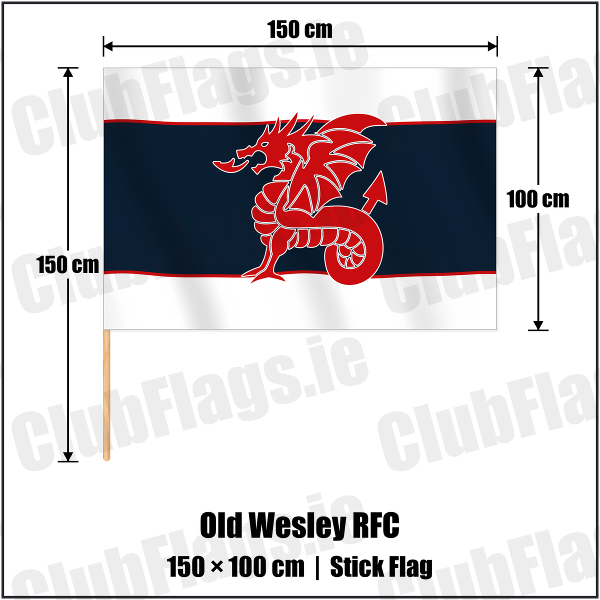 Old Wesley RFC 100cm x 150cm Stick Flag with the club crest and colours, Dublin Rugby - ClubFlags.ie