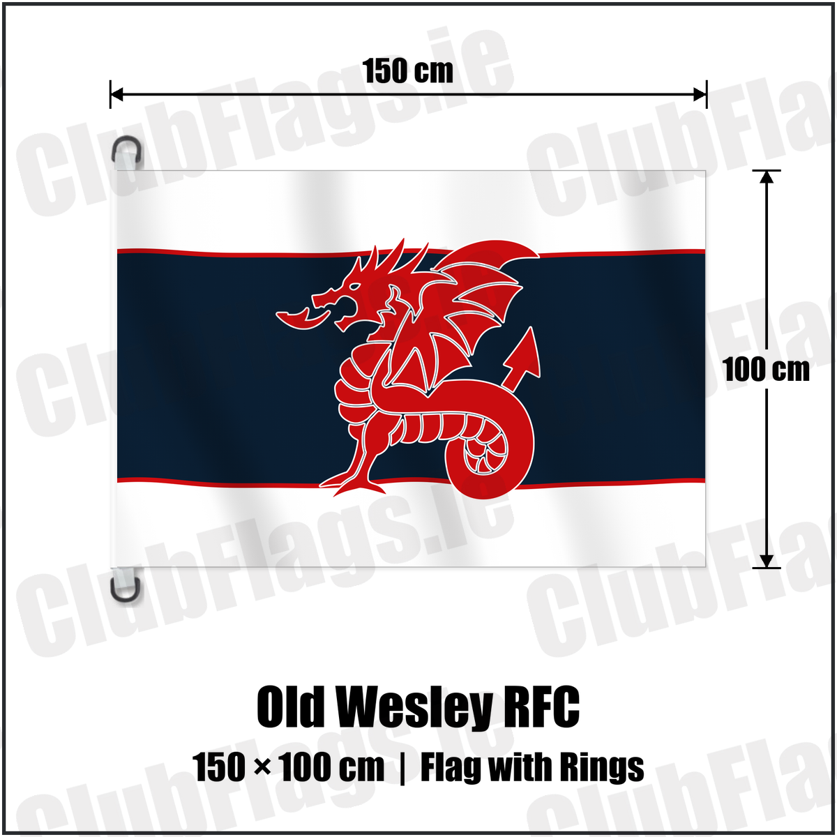 Old Wesley RFC 150cm x 100cm Flag Pole Flag with Rings with the club crest and colours, Dublin Rugby - ClubFlags.ie