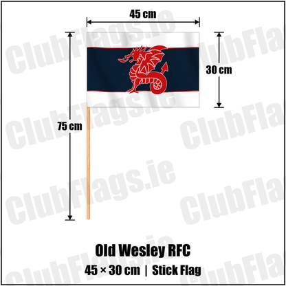 Old Wesley RFC 30cm x 45cm Stick Flag with the club crest and colours, Dublin Rugby - ClubFlags.ie