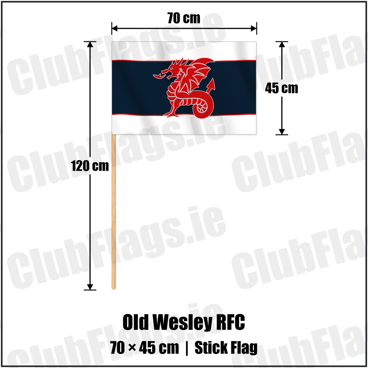 Old Wesley RFC 45cm x 70cm Stick Flag with the club crest and colours, Dublin Rugby - ClubFlags.ie
